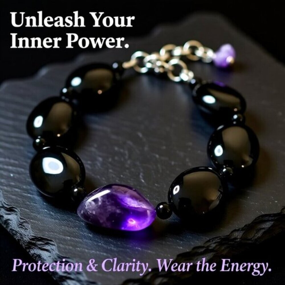 Amethyst & Black Agate Bracelet! Adj. 6 -7.5" ~ Tranquility Calm Stress Relief